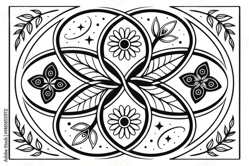 37 Intricate black and white illustration, psychedelic art, complex patterns, organic swirls, abstract shapes, floral motifs, symmetrical design, zentangle style, ornate details, surreal imagery, myst