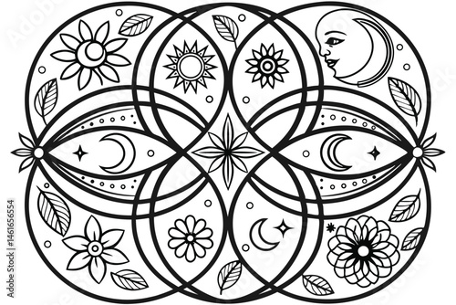 37 Intricate black and white illustration, psychedelic art, complex patterns, organic swirls, abstract shapes, floral motifs, symmetrical design, zentangle style, ornate details, surreal imagery, myst