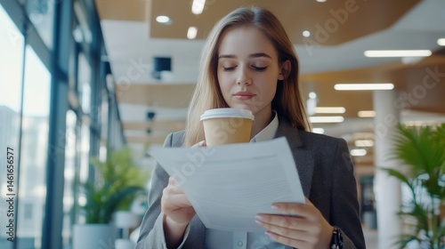 Woman Reads Document Holding Coffee Cup