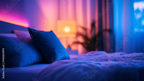 modern luxury bedroom interior with colorful lights closeup shot 