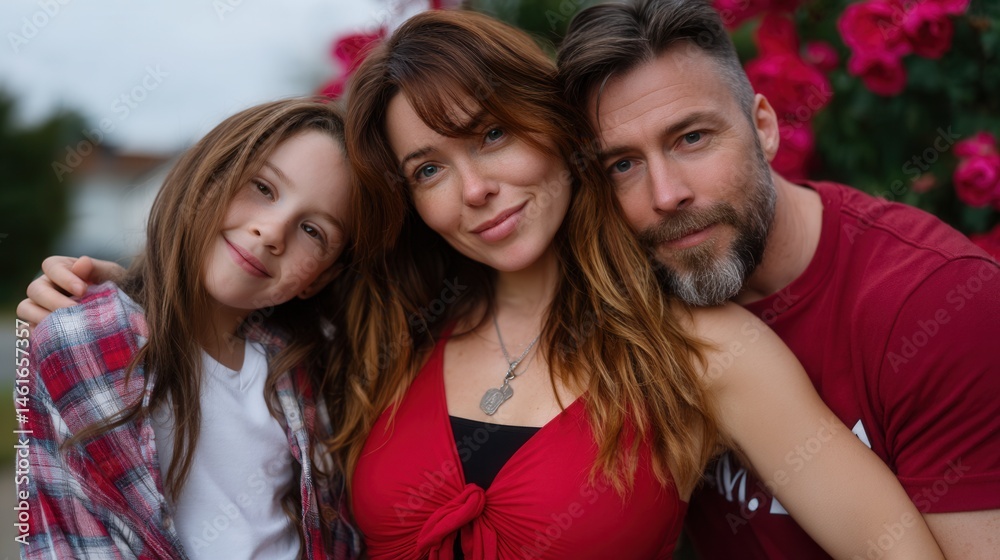 Fototapeta premium Happy Family portrait of mother, father and daughter smiling outdoors in garden with flowers