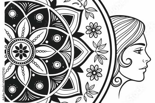 37 Intricate black and white illustration, psychedelic art, complex patterns, organic swirls, abstract shapes, floral motifs, symmetrical design, zentangle style, ornate details, surreal imagery, myst