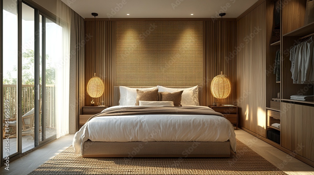 Fototapeta premium Comfortable hotel bedroom with felt headboard with natural fabric cushion, rattan lamp, wood nightstand and a big wooed wardrove. Holiday destination apartment with Scandinavian style. 