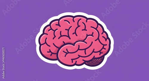 AI image. A simple pink cartoon brain illustration with a white sticker outline, on a solid purple background, graphic style.