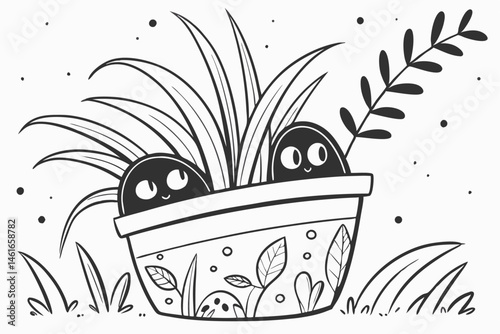 38 Black and white illustration, potted plant, grass, cute monsters, whimsical creatures, hiding, peeking out, simple faces, expressive eyes, playful, hand-drawn style, speckled background, ink splatt