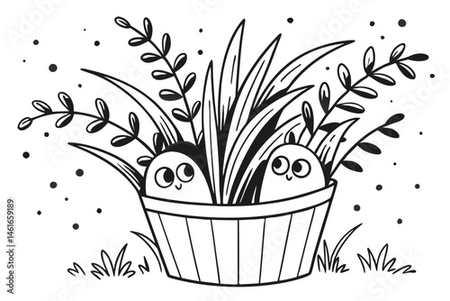 38 Black and white illustration, potted plant, grass, cute monsters, whimsical creatures, hiding, peeking out, simple faces, expressive eyes, playful, hand-drawn style, speckled background, ink splatt