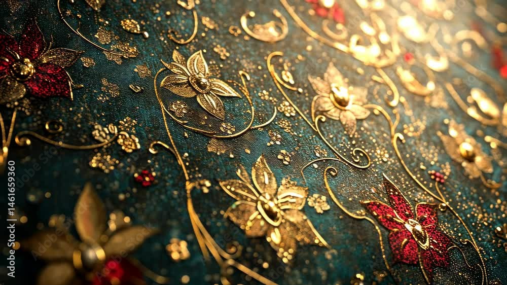 Intricate gold and red floral pattern on dark teal background