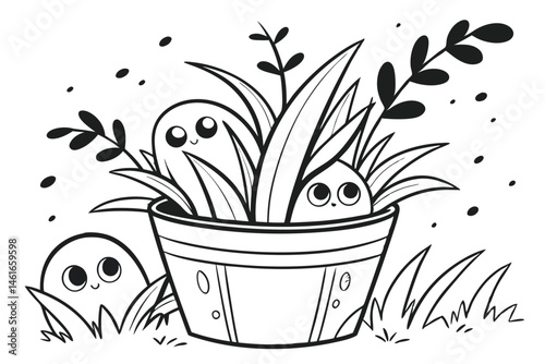 38 Black and white illustration, potted plant, grass, cute monsters, whimsical creatures, hiding, peeking out, simple faces, expressive eyes, playful, hand-drawn style, speckled background, ink splatt