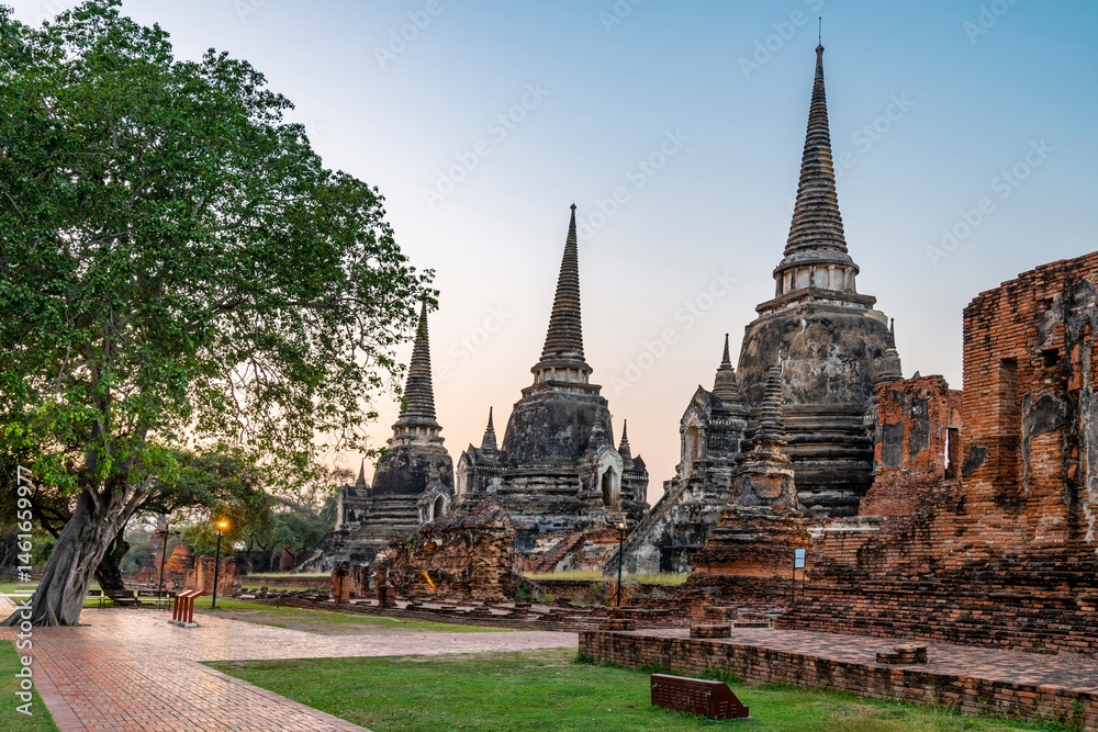 Fototapeta premium Ayutthaya Temple ruins at sunset,within the ancient Royal Palace complex,Thailand.
