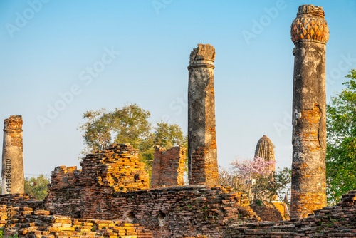 Ayutthaya, Ancient Royal Palace temple ruins,with pillars and remaining brickwork,Thailand.