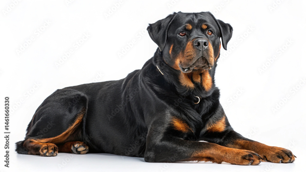 Fototapeta premium Portrait of a happy dog. beautiful rottweiler sitting and looking at camera. White background.