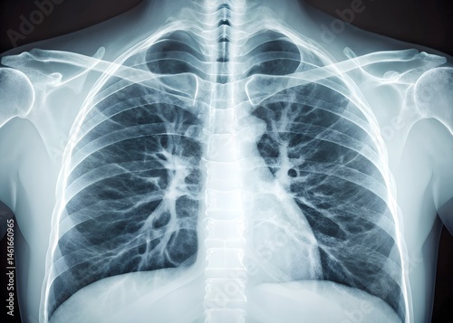 X-ray image showing lungs with significant interstitial markings.