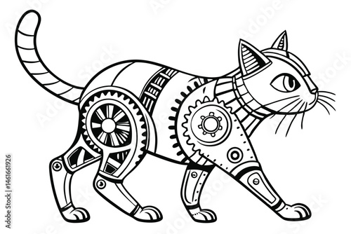39 Steampunk cat robot, intricate mechanical details, cybernetic feline, gears and circuits, cute robotic eyes, whiskers, cat ears, paws with metal joints, retro-futuristic design, black and white ill