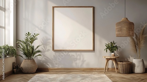 Empty square frame for print or poster mockup on white wall in modern neutral gray bedroom interior with wood floor, rug with geometric pattern, bedside tables, lamps, decor and plants.  