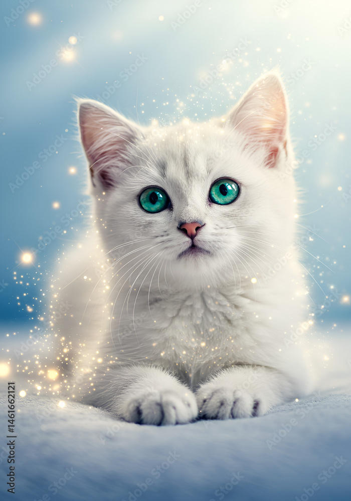 Fototapeta premium Cute white kitten with sparkly background
