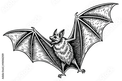 40 Detailed anatomical bat illustration, full wingspan, black and white drawing, scientific accuracy, fine line work, realistic texture, vintage zoological print style, symmetrical composition, high c