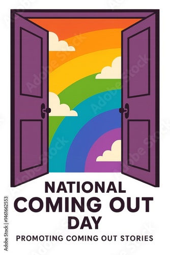 Celebrating National Coming Out Day with a vibrant rainbow and open doors symbolizing acceptance and identity