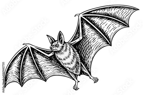 40 Detailed anatomical bat illustration, full wingspan, black and white drawing, scientific accuracy, fine line work, realistic texture, vintage zoological print style, symmetrical composition, high c