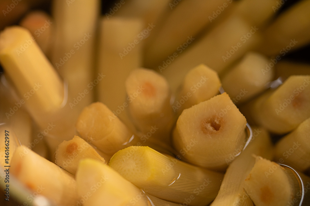 High-resolution image of fresh bamboo shoots, peeled and sliced, submerged in water. Ideal for culinary and Asian cuisine themes.