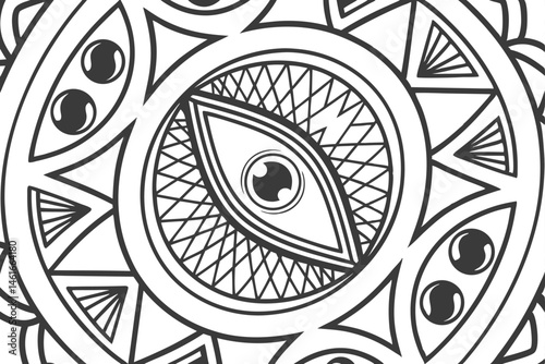 41 Intricate black and white pattern, all-seeing eyes, abstract geometric shapes, zentangle art style, complex line work, surreal doodles, hypnotic design, repeating motifs, optical illusion, psychede