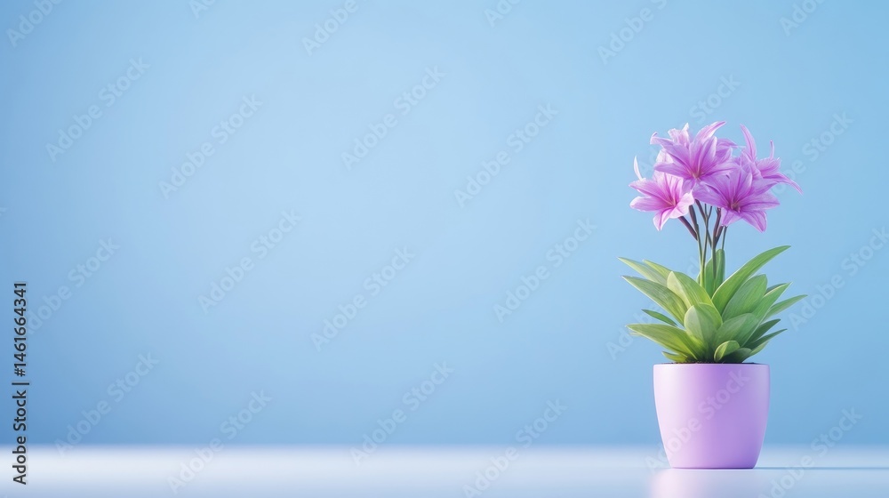 Fototapeta premium Pastel pink flowers in a pot against a light blue background