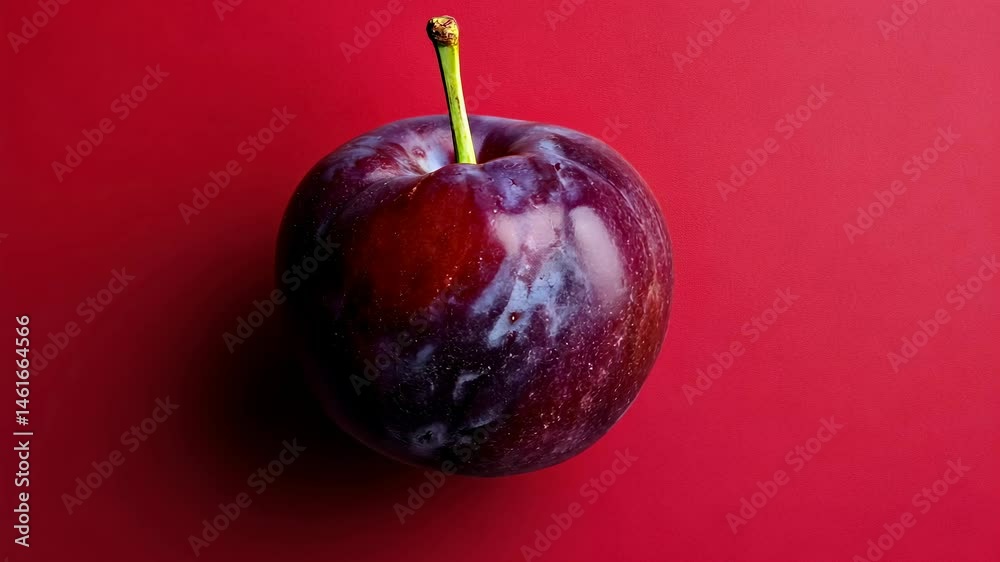 Single glossy dark plum on deep red background.