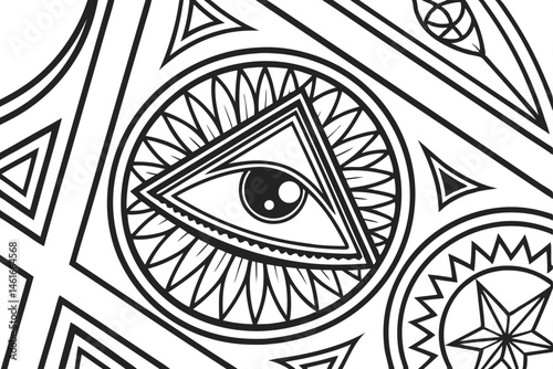 41 Intricate black and white pattern, all-seeing eyes, abstract geometric shapes, zentangle art style, complex line work, surreal doodles, hypnotic design, repeating motifs, optical illusion, psychede