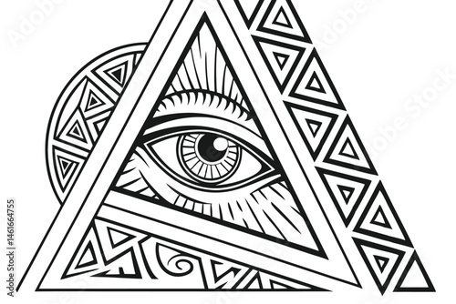 41 Intricate black and white pattern, all-seeing eyes, abstract geometric shapes, zentangle art style, complex line work, surreal doodles, hypnotic design, repeating motifs, optical illusion, psychede