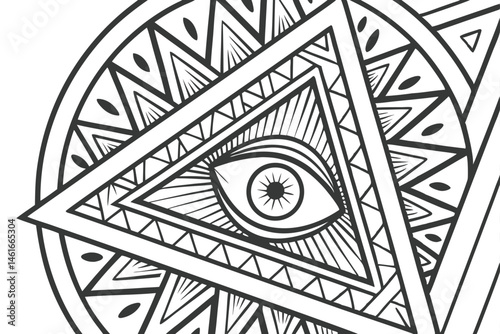 41 Intricate black and white pattern, all-seeing eyes, abstract geometric shapes, zentangle art style, complex line work, surreal doodles, hypnotic design, repeating motifs, optical illusion, psychede