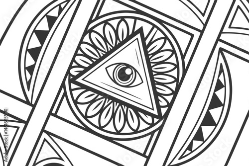41 Intricate black and white pattern, all-seeing eyes, abstract geometric shapes, zentangle art style, complex line work, surreal doodles, hypnotic design, repeating motifs, optical illusion, psychede