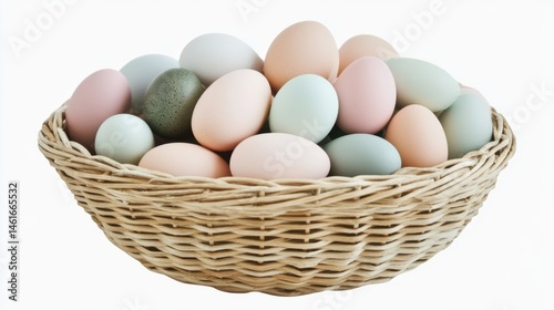 Wallpaper Mural Pastel Chicken Eggs in Wicker Basket Studio Shot Close Up Easter Springtime Food Still Life Isolated on White Background Torontodigital.ca