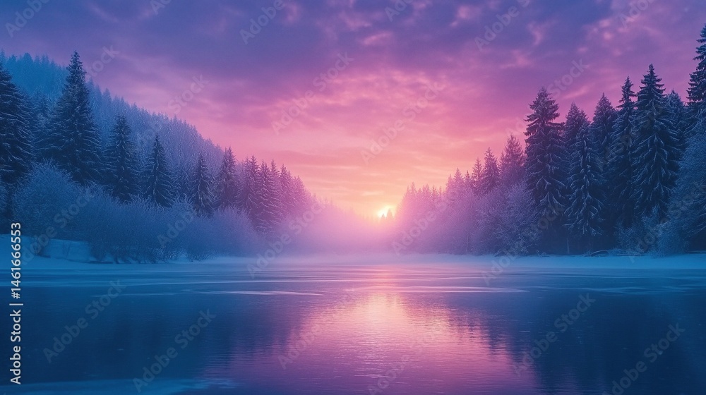 Fototapeta premium A tranquil frozen lake at dawn with mist rising between pine trees in gradient shades of cool pink and blue in a matte painterly fantasy style.