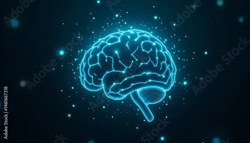 Luminous circuit board brain hologram floating on a dark futuristic background, symbolizing artificial general intelligence, neural networks, and the innovative synergy of technology with human-like c