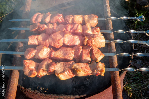 Obraz na płótnie Close up grilling barbecue in the campground at summer camp travel, Skewers of pork and beef fillet on barbecue party dinner in camping, Summer Camp Travel one activity for relaxing. w salonie