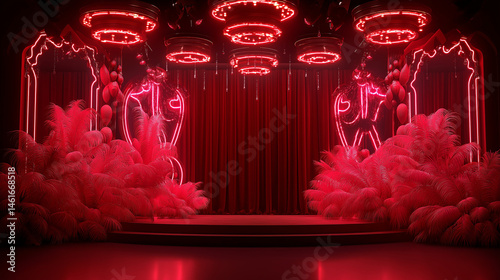 Neon cabaret fantasy: glowing red stage with feathers, curtains, and dramatic lighting in a retro-futuristic show setting