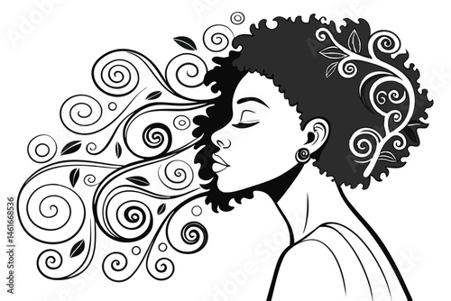 43 Black and white illustration, stylized female portrait, curly afro hair, spiral patterns, closed eyes, simple facial features, abstract body shape, elongated neck, swirling designs, zentangle art s