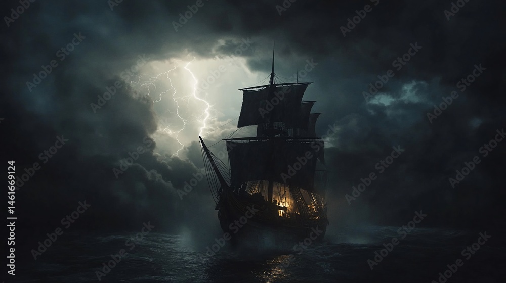 Fototapeta premium Old sailing ship at sea during a dramatic thunderstorm.