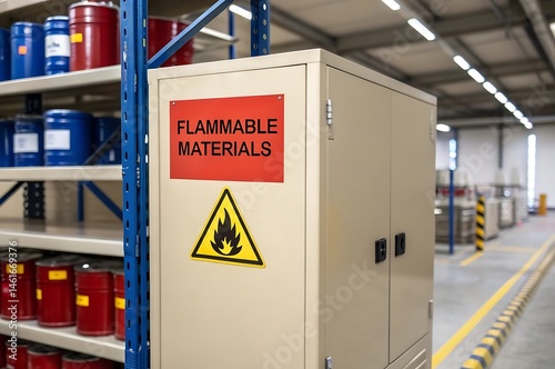 Caution: Flammable Materials Zone: The image highlights a cabinet within a warehouse, warning of flammable materials. Focus on safety and industry practices.
