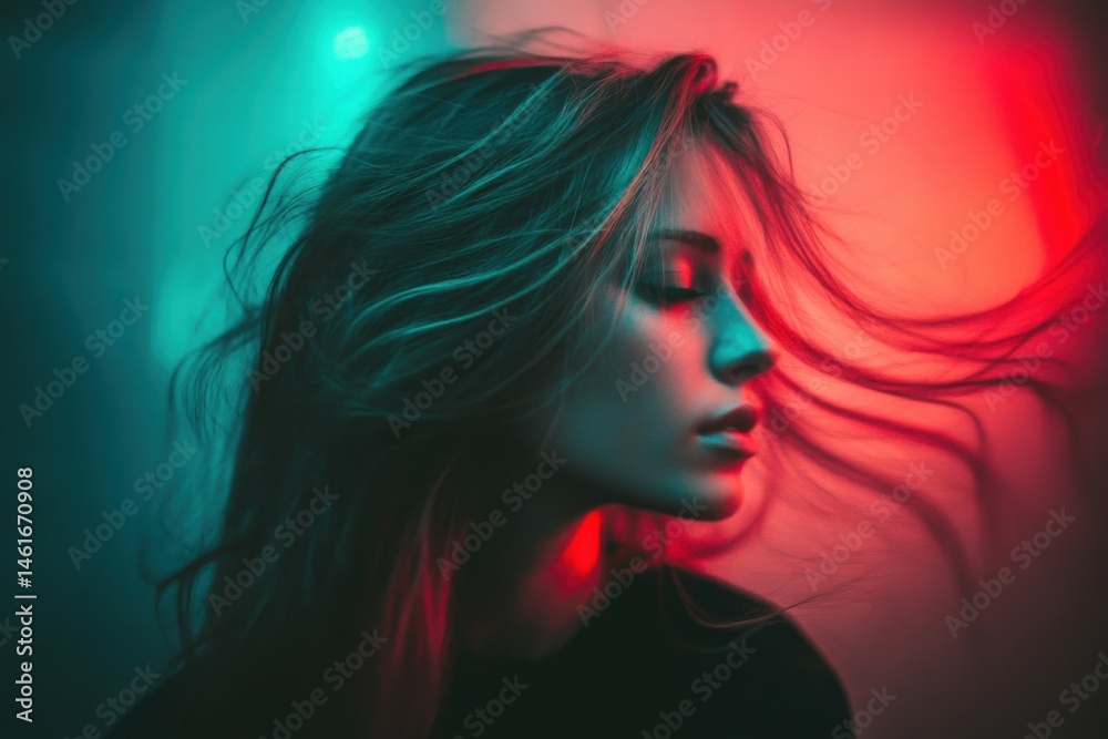 Captivating moment of a woman illuminated by vibrant neon lights in a striking urban setting at dusk Captivating moment of a woman illuminated by vibrant neon lights in a striking urban setting at dusk