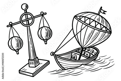 5 Vintage scientific illustration, sailing ship model, spherical balloons, boat-shaped base, vertical mast, sail, black and white engraving, detailed cross-hatching, surreal floating structure, steamp