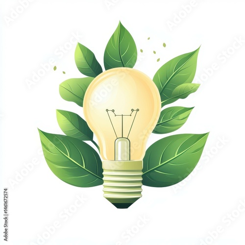 Light bulb surrounded by green leaves represents sustainable energy and eco-friendly innovation in design