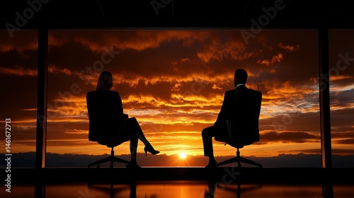 Silhouettes of Business Professionals Against a Dramatic Sunset in a Modern Office Setting with Expansive Windows
