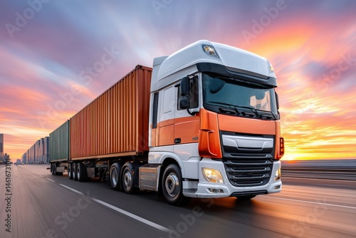 Wallpaper Mural Modern logistics truck transporting containers on a highway during a vibrant sunset Torontodigital.ca