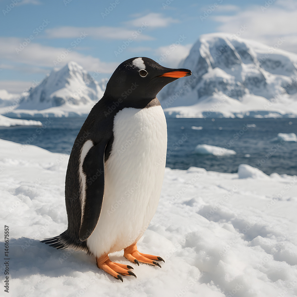 Naklejka premium Striking Portrait of a Gentoo Penguin Standing Proudly on Snowy Antarctic Terrain with Majestic Ice-Covered Mountains and Blue Waters in the Background