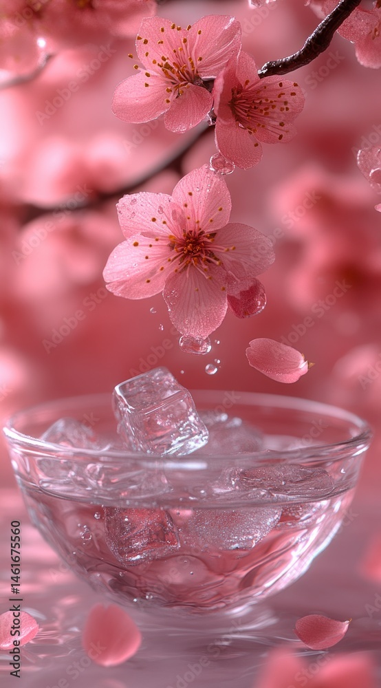 Delicate pink blossoms and ice cubes in a glass bowl. Delicate pink blossoms and ice cubes in a glass bowl.