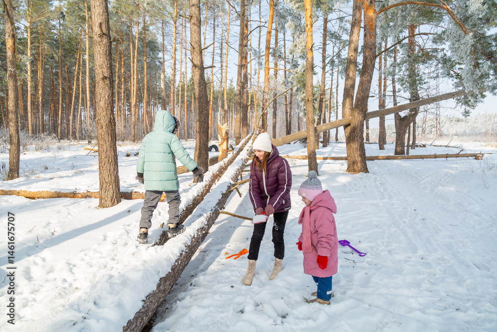 Naklejka premium Mother with children playing in nature in the winter forest