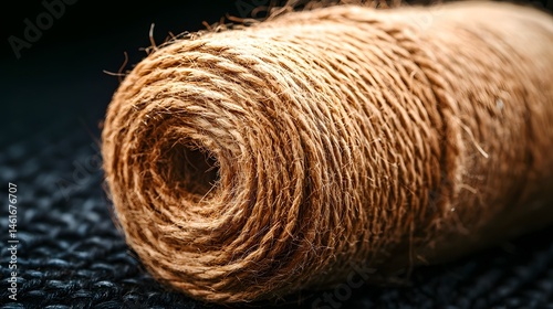 Close Up of Rolled Jute Twine on Dark Background