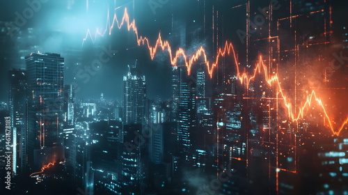 Financial Crisis Modern Concept. Falling Stock Market Graph Over Cityscape with Red Tones, Symbolizing Economic Collapse, Recession, Panic, and Global Market Downturn.