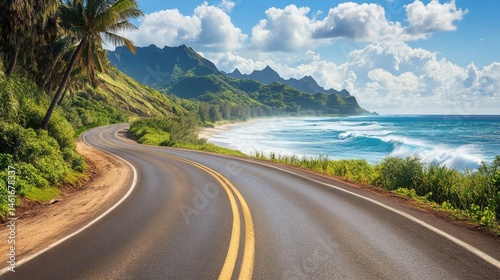 A scenic two-lane coastal road tracing the edge of the ocean with crashing white waves and lush greenery on the inland side