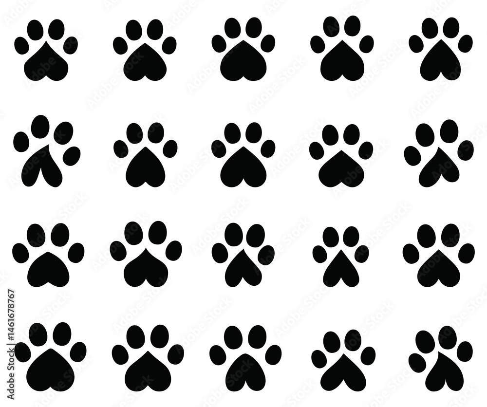 Fototapeta premium Bunny paw, trail, pet, step, footprint. Cat, dog, animal print. Cute cartoon bunny paw, cat, dog paw print. Color cutie rabbit paw. Sticker, wall art, background. Kids design, decoration, easter set